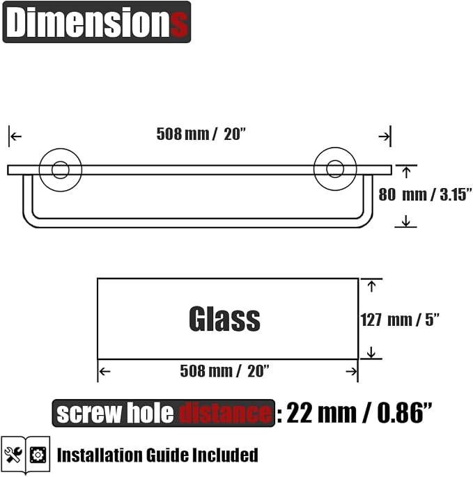 JQK Bathroom Glass Shelf, Shelf with 19 Inch Towel Bar Tempered Glass Shower Storage 20 by 5 inches, 304 Stainless Steel Brushed Finish Wall Mount, TGS100L20-BN