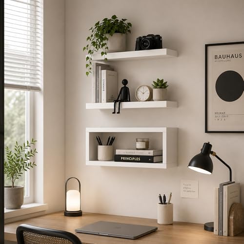RANK Bathroom Shelves Over Toilet - Wall Mounted Floating Shelves Toilet Paper Storage Small White Decor Shelf 16 inch Set of 3