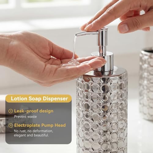 Silver Bathroom Accessories Set, 4 Piece Ceramic Honeycomb Design, Soap Dispenser Pump, Tumbler, Toothbrush Holder, Soap Dish