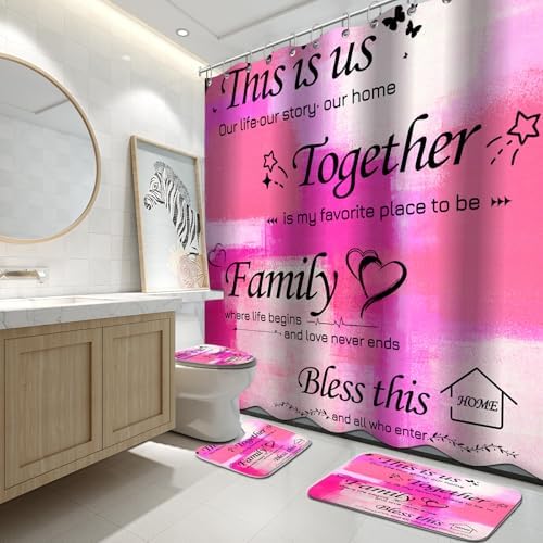 Lnond 4Pcs Shower Curtain Set with Toilet Lid Cover and Non-Slip Rugs for Bathroom,Hot Pink Abstract Motivational Bathroom Sets with Shower Curtain and Rugs