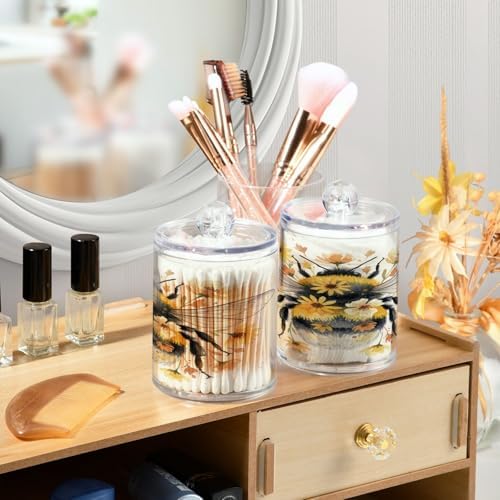 ALAZA Bumble Floral Bee 2 Pack Qtip Holder Dispenser for Cotton Swabs, Balls, Pads, Floss 10 oz Plastic Canister Organizer