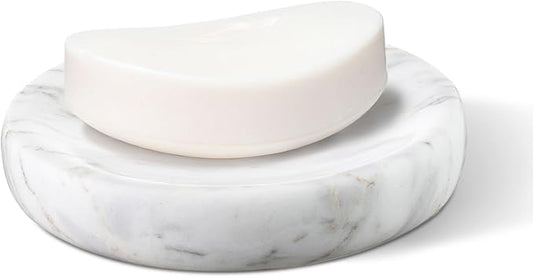 Natural Marble Soap Dish, Round Carrara White Jewelry Dish, Limestone Shower Soap Holder, Modern Stone Sponge Holder, Bar Soap Saver Tray for Bathroom, Kitchen, Easy to Clean