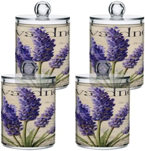 Vintage Lavender Flowers Qtip Holder Apothecary Jars Bathroom Storage Floss Makeup Organizer for Cotton Ball Swab Acrylic 2 Packs