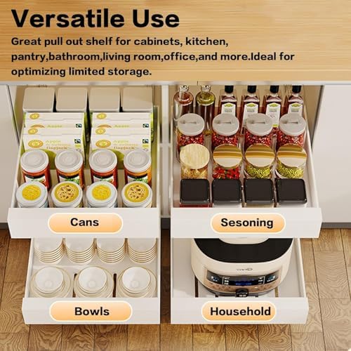 bealy Pull Out Drawer for Cabinet 21in Deep,14" W x 21'' D x 3.1" H Carbon Steel Cabinet Drawers Slide Out, Pantry Storage Shelves with Nano Adhesive for Kitchen, Bathroom and Living Room