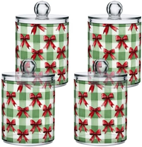 Gredecor 4 Pack Qtip Holder Clear Green Plaid with A Red Bow Apothecary Jars with Lids Acrylic Bathroom Jars Vanity Countertop Canister Storage Organizer for Cotton Ball,Swabs,Pads,Floss