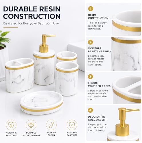 5-Piece Bathroom Counter Top Accessory Set - Dispenser for Liquid Soap or Lotion, Soap Dish, 2 Tumblers and Toothbrush Holder, Marble Pattern Resin (Classic White)