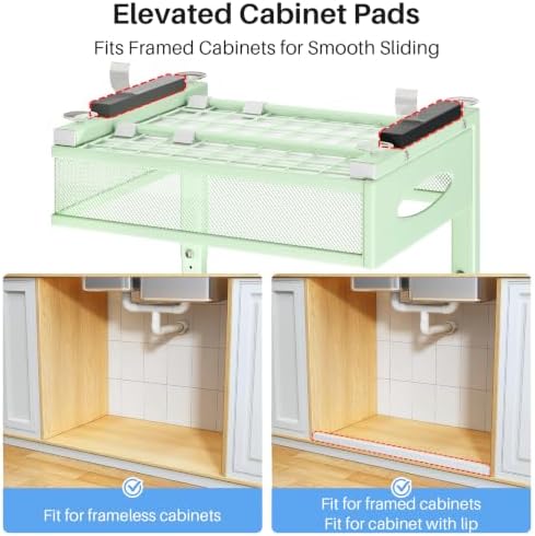 Under Sink Organizer, 2 Pack 2 Tier Pull Out Under Cabinet Organizer Shelf with Pad for Framed Cabinets, Metal Slide Out Under Sink Storage, Mesh Sliding Drawers for Kitchen Bathroom Laundry, Green