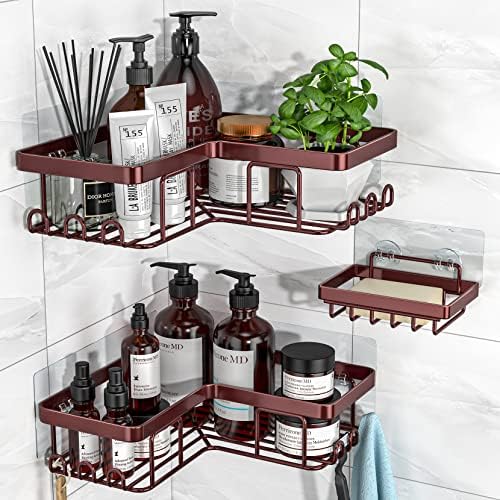 YASONIC Corner Shower Caddy, 3-Pack Adhesive Shower Caddy with Soap Holder and 12 Hooks, Rustproof Stainless Steel, No Drilling Wall Mounted Rack Organizer, for Bathroom, Bronze