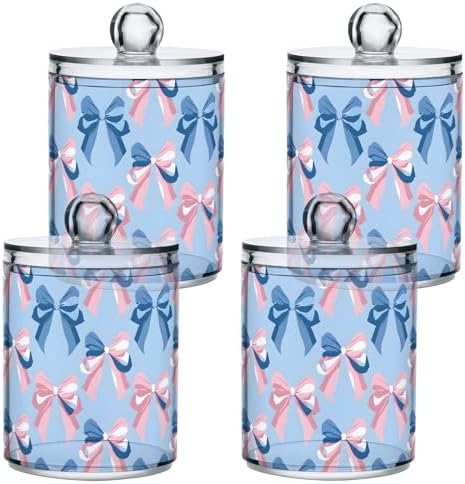 2 Pack Qtip Holder Dispenser for Cotton Ball Pink Bow Blue Pattern Swab Round Pads Clear Plastic Acrylic Jar Set Bathroom Canister