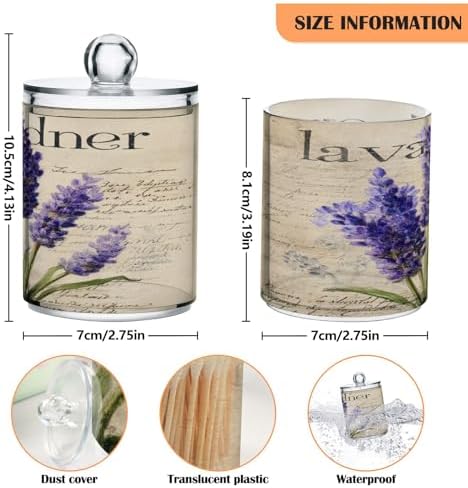 Vintage Lavender Flowers Qtip Holder Apothecary Jars Bathroom Storage Floss Makeup Organizer for Cotton Ball Swab Acrylic 2 Packs
