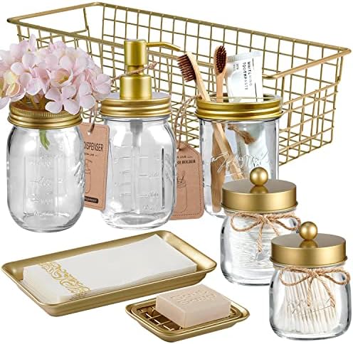 SheeChung 8PCS Mason Jar Bathroom Accessories Set Complete - Gold