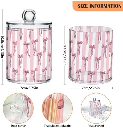 Gredecor 4 Pack Qtip Holder Clear Pink Ribbon Bow on Striped Apothecary Jars with Lids Acrylic Bathroom Jars Vanity Countertop Canister Storage Organizer for Cotton Ball,Swabs,Pads,Floss