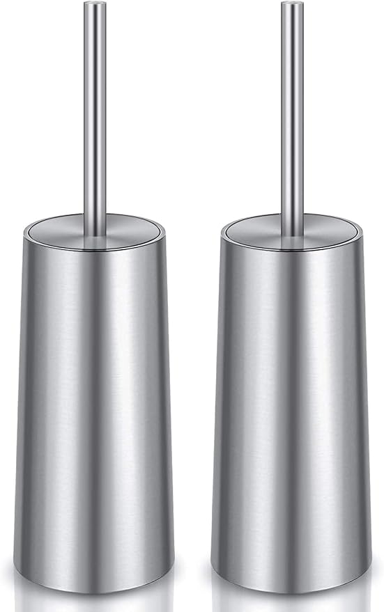 Toilet Brush and Holder, 2 Pack Toilet Brush with 304 Stainless Steel Long Handle, Toilet Bowl Brush for Bathroom Toilet-Ergonomic, Elegant,Durable (Silver)