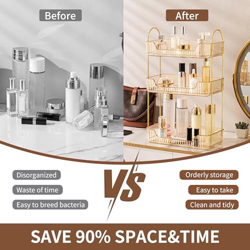 YCIA&DONE Bathroom Organizer Countertop, Makeup Storage, Skincare Cosmetic Tray Shelf, Perfume Holder Rack for Vanity Counter, Large Capacity, Easy to Install, Clean, 3 Tiers, Amber Gold