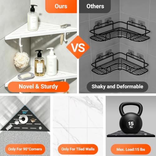 Corner Shower Shelves, 10" white 304 Stainless Steel Recessed Shelf for Bathroom，With silicone soap dish and razor holder，Grout in Shelf with Hooks for Tiled Wall 2 Pack(white)