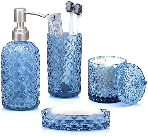 LaMarriti Blue Bathroom Accessories Set, 4Pcs Clear Glass Bathroom Set