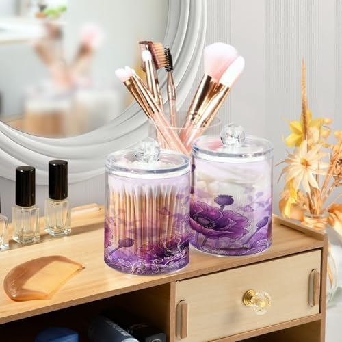 ALAZA Beautiful Art Poppy Flower Butterfly 2 Pack Qtip Holder Dispenser for Cotton Swabs, Balls, Pads, Floss 10 oz Plastic Canister Organizer