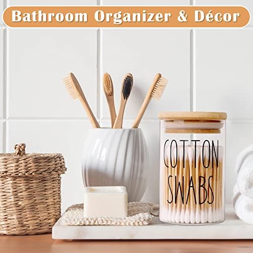ROADPLUM Qtip Holder Bathroom Set, 4 Pack 10 oz Glass Bathroom Jars with Lid, Glass Organizers/Canisters/Apothecary Jars for Q-tip, Cotton Ball, Floss Pick and Makeup Storage