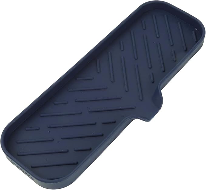 MicoYang Silicone Soap Dish with Drain Spout — Self-Draining Double Sink Organizer Tray for Kitchen & Bathroom, Dispensers, Sponges & Soap Holder, Non-Slip & Dishwasher Safe, Navy Blue (Large, 12"×4")