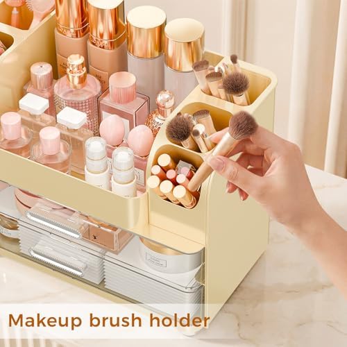 Makeup Organizer for Vanity with Brush Holder, Large Bathroom Countertop Organizer & Skincare Storage | Perfume, Cosmetics Display Case with Drawers (Cream White)