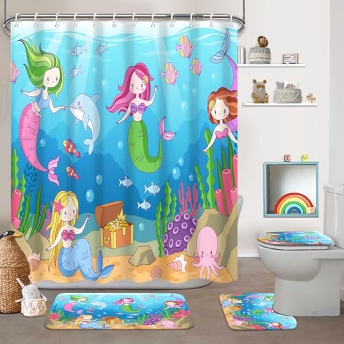 4 Pcs Mermaid Bathroom Set Sea Ocean Shower Curtain Sets with Non-Slip Rugs Toilet Lid Cover and Bath Mat Set, Kids Girl Bathroom Decor with 12 Hooks