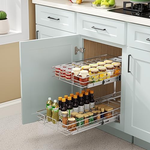 ROOMTEC Pull Out Cabinet Organizer (10½"W x 21½"D),2 Tier Pull Out Storage Shelf Drawer Basket,Sliding Shelves for Base Cabinet Organization in Kitchen, Bathroom, Pantry
