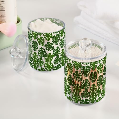 ALAZA 4pcs Monstera Leaf Palm Green White Qtip Holder Dispenser 14 oz Bathroom Storage Clear Apothecary Jars Containers Cotton Ball,Cotton Rounds,Floss Picks, Hair Clips, Food