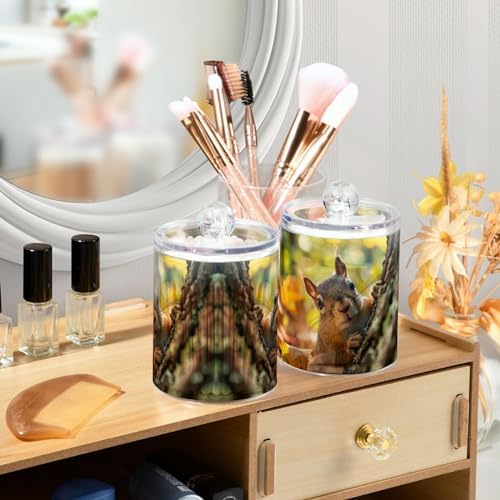 Squirrel Peeking Pattern Qtip Holder 2 Pack - 10 Oz Clear Plastic Apothecary Jar Set for Bathroom Organization - Versatile Canister Storage for Cotton Balls, Swabs, Rounds
