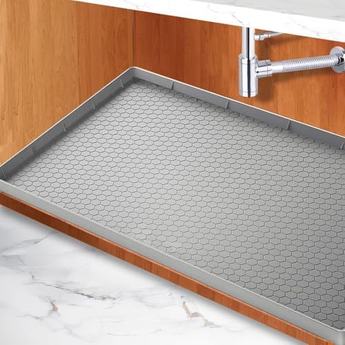 Under Kitchen Sink Mat 25" x 19", SAZTEAY Waterproof Silicone Under Sink Tray, Under Sink Protector Mat for Bathroom and Kitchen Cabinets(Grey)