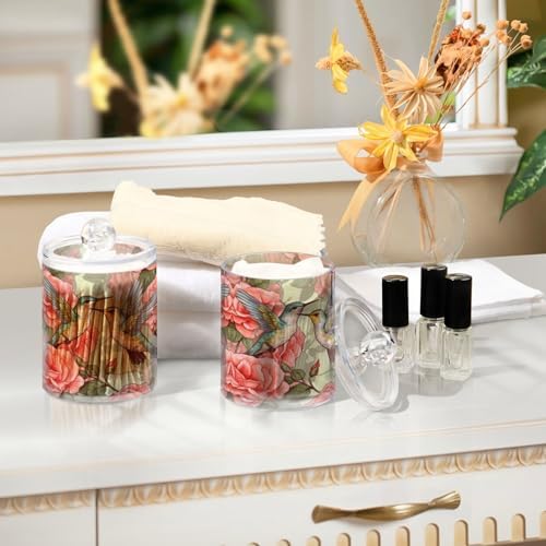 MNSRUU 2 Pack Qtip Holder Organizer Dispenser Flowers and Hummingbirds Pink Bathroom Storage Canister Cotton Ball Holder Bathroom Containers for Cotton Swabs/Pads/Floss
