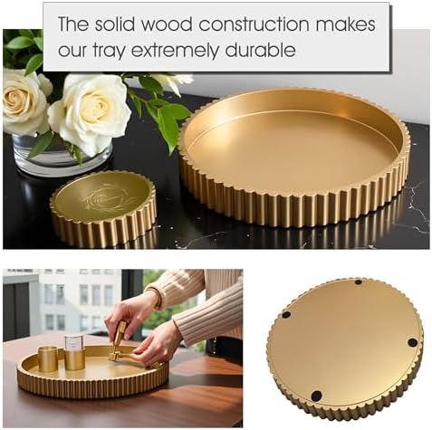Modern Table Round Decorative Trays 2pcs Home Decor - Circle Coffee Table Centerpiece Set 12"/10" - Wooden Golden Ottoman Tray with Fluted Edge