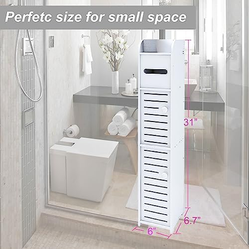 Small Bathroom Storage Cabinet, Over The Toilet Storage Cabinet for Skinny Bathroom Floor, Slim Toilet Paper Storage with Double Doors & Shelves - White