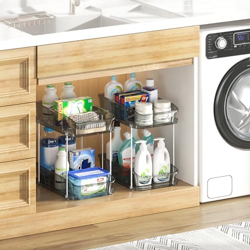 Delamu 2-Tier Under Sink Organizers and Storage, Multi-Purpose Stackable Bathroom Cabinet organizers, Pull Out Kitchen Pantry Organization and Storage with Dividers(3 Pack, Grey)