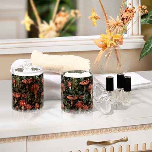 4 Pack Qtip Dispenser Retro Mushrooms and Leaves Apothecary Jars with Lids Bathroom Canister Storage Organization for Cotton Ball, Swab, Floss, Makeup Sponges, Hair Clip 10 Oz