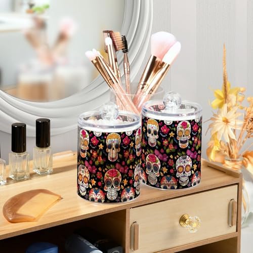 4 Pack Sugar Skulls with Flowers Qtip Holder Dispenser 10 Oz Apothecary Jars Bathroom Storage Containers for Cotton Pads, Cotton Ball, Cotton Swabs, Floss Picks