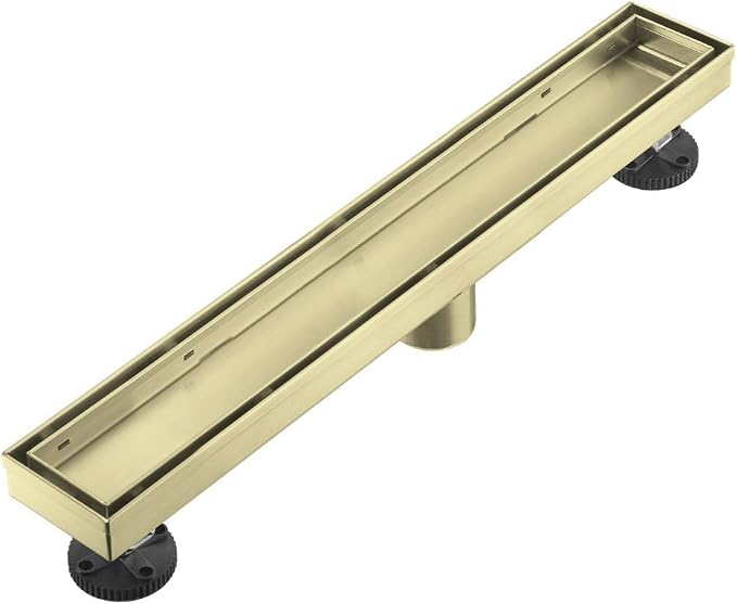 AVSIILE Linear Shower Floor Drain, Brushed Gold 18 Inch 304 Stainless Steel Bathroom Drains Kit, Rectangular Shower Trench Drain with Reversable Tile-in Pattern Drain Cover & Hair Catcher