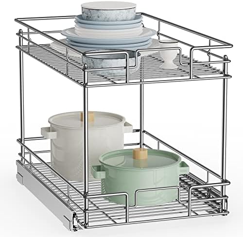 ROOMTEC New Version Pull Out Cabinet Organizer for Base Cabinet (14" W X 21" D), Kitchen Cabinet Organizer and Storage 2-Tier Cabinet Pull Out Shelves Under Cabinet Storage for Kitchen Silver,Chrome