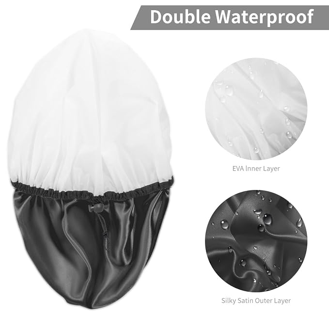 Auban Shower Cap for Women, Adjustable Reusable, Extra Large, Double-Layer Waterproof Bathing Cap, Waterproof Exterior, EVA Lining, Hair Cap for All Hair Lengths, 3 Balck Set