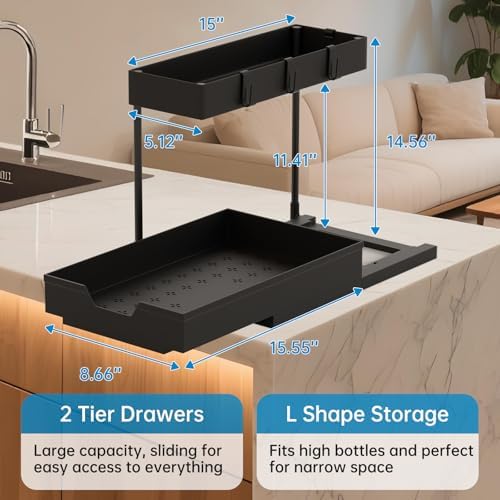 NATURE'S SOURCE 2 Pack Under Sink Organizer 2 Tier Sliding Cabinet Organizers Multi-Purpose Sink Storage Basket L-Shape Narrow Space Storage Shelves with 4 Hook for Kitchen Bathroom Drawer, Black