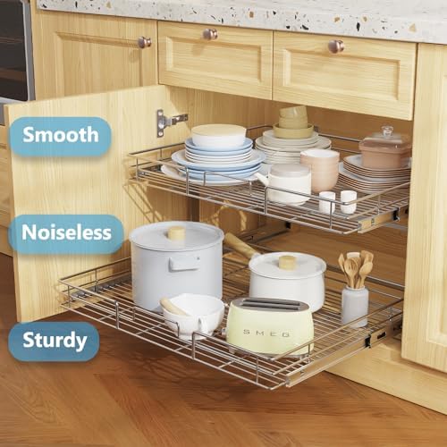 LOVMOR Individual Pull Out Cabinet Organizer, 2 Tier Slide Out Cabinet Drawers, Pots and Pans Organizer and Storage Pantry Shelf for Kitchen (28½" W x 21½" D)