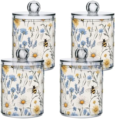 ALAZA Daisy Bee Flower Floral Print 4 Pack Qtip Holder Dispenser for Cotton Swabs, Balls, Pads, Floss 10 oz Plastic Canister Organizer