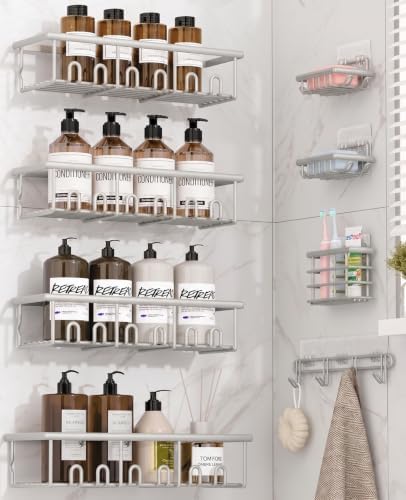 8 Pack Adhesive Rustproof Shower Caddy with Soap Dishes, Toothbrush Holder & Hooks, Large Capacity No-Drilling Shower Shelves Rack for Bathroom Organizers and Storage Accessories, Light Gray