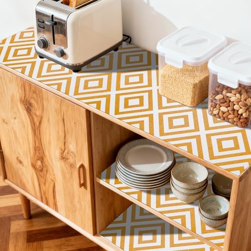 FIFTY FEET 12"x120" Non-Adhesive Shelf Liner for Kitchen Cabinets and Drawers, Washable Non-Slip PVC Cabinet Liner (Yellow Plaid)(1 Roll)