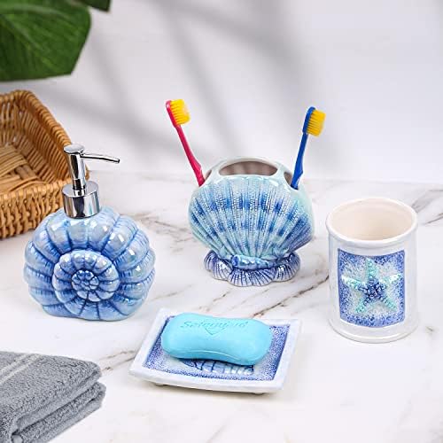 Coastal Ceramic Bathroom Accessory Set - 4 Piece Seashell & Starfish Decor, Includes Soap Dispenser, Toothbrush Holder, Soap Dish & Tumbler, Beach Themed Bath Decor (Blue)