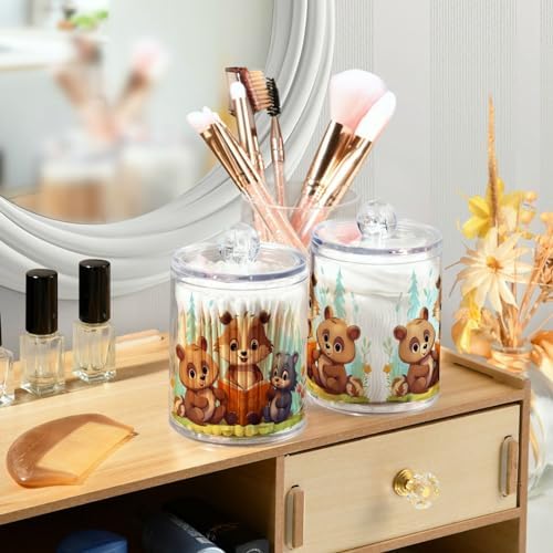 MNSRUU 2 Pack Qtip Holder Organizer Dispenser Animal Bears Pink Bathroom Storage Canister Cotton Ball Holder Bathroom Containers for Cotton Swabs/Pads/Floss