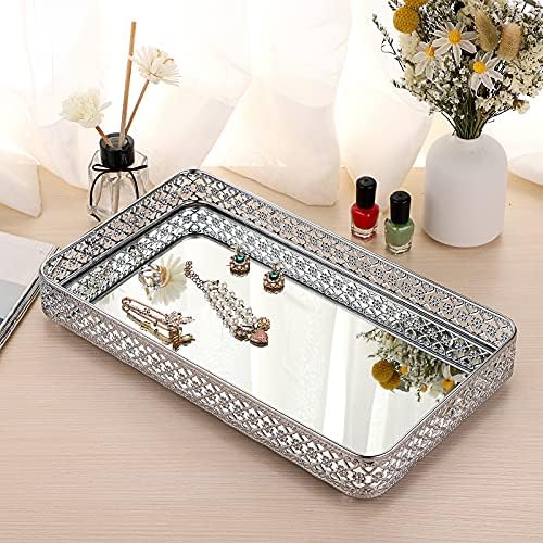 ELLDOO Silver Mirror Glass Perfume & Makeup Vanity Tray, Large Size