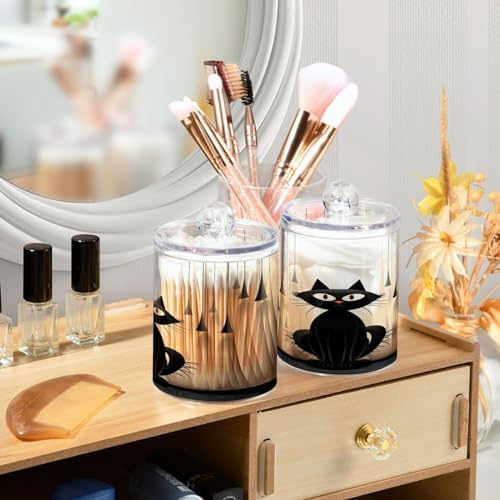 Qtip Holder Dispenser Apothecary Jars with Lids Cute Black Cat Clear Bathroom Container Cotton Swab Ball Holder 4 Pack