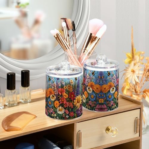 MNSRUU 2 Pack Qtip Holder Organizer Dispenser Floral Daisy Bee Spring Bathroom Storage Canister Cotton Ball Holder Bathroom Containers for Cotton Swabs/Pads/Floss
