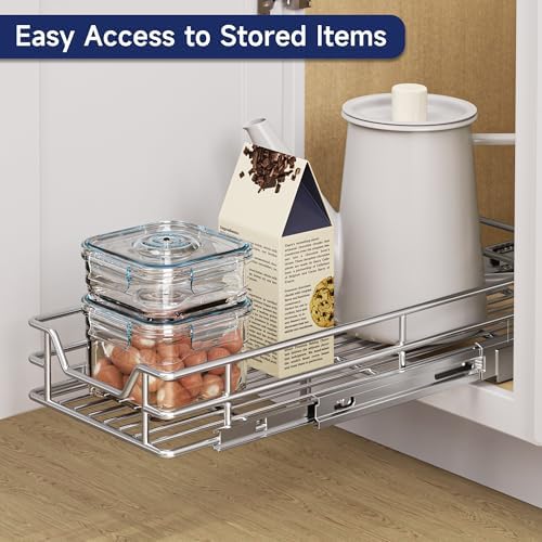 Pull Out Cabinet Organizer, 9" W x 21.5" D, Heavy Duty Chrome Slide Out Shelf for Narrow Base Cabinets, Sliding Wire Basket Drawer for Spices, Bottles, Snacks & Cleaning Supplies