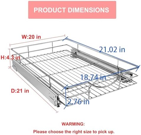 Sikarou Pull Out Cabinet Organizer 20" W x 21" D, Heavy Duty Kitchen Cabinet Pull Out Shelves, Slide Out Wire Basket for Kitchen Cabinets, Bathroom, Pantry, Chrome Finish